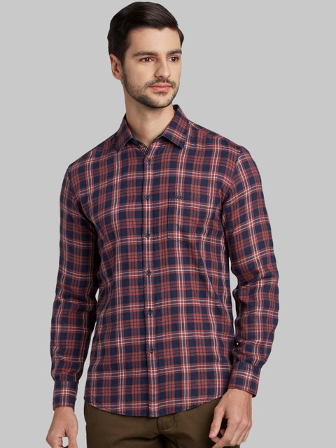 

Parx Men Brown & Navy Blue Slim Fit Checked Casual Shirt