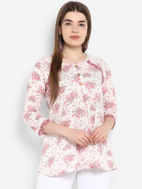 

ETHNIC STREET Women White & Pink Floral Print A-Line Top