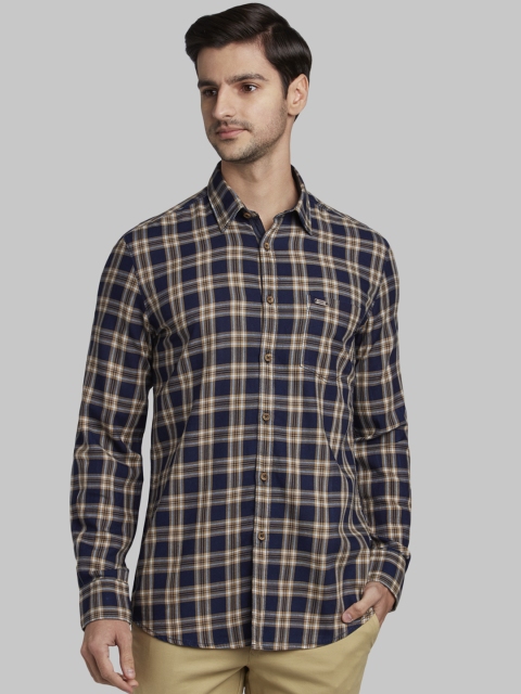 

Parx Men Navy Blue & Mustard Yellow Slim Fit Checked Casual Shirt