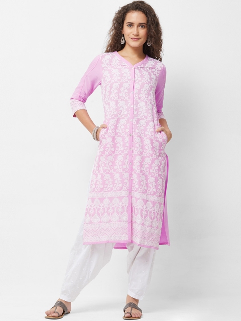 

Naari Women Purple & White Floral Embroidered Straight Kurta