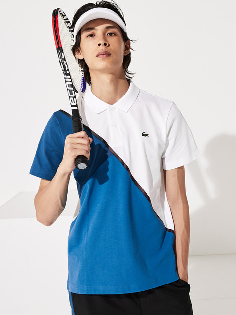 

Lacoste Men White and Blue Colourblocked Polo Collar T-shirt