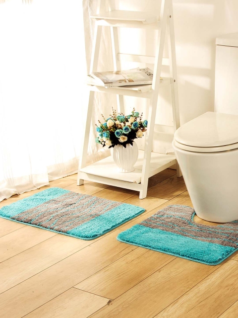 

OBSESSIONS Blue & Grey Microfiber Polyester Anti-Slip Bath Rug With Pedmat