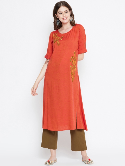 

rangeelo rajasthan Women Orange Floral Embroidered A-Line Kurta