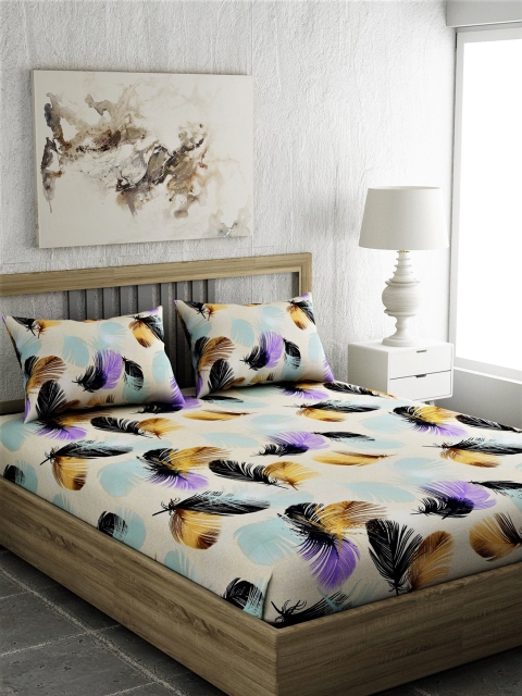 

EverHOME Beige & Purple Floral 144 TC Cotton 1 Queen Bedsheet with 2 Pillow Covers