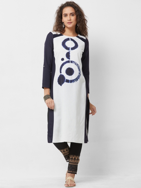 

Naari Women White & Navy Blue Printed Straight Kurta