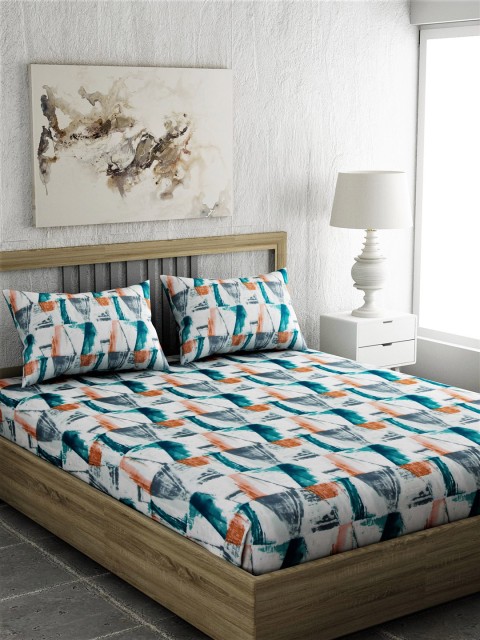 

EverHOME Green & Orange Geometric 210 TC Cotton 1 Queen Bedsheet with 2 Pillow Covers
