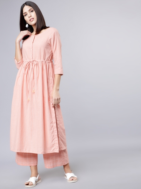 

Vishudh Women Peach-Coloured & White Striped Anarkali Kurta