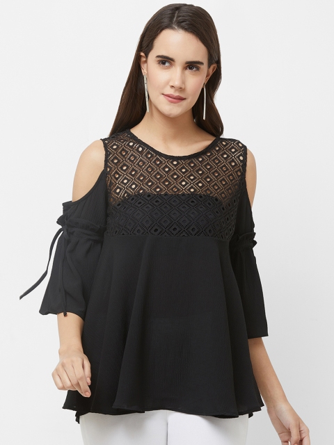 

109F Women Black Self Design A-Line Top