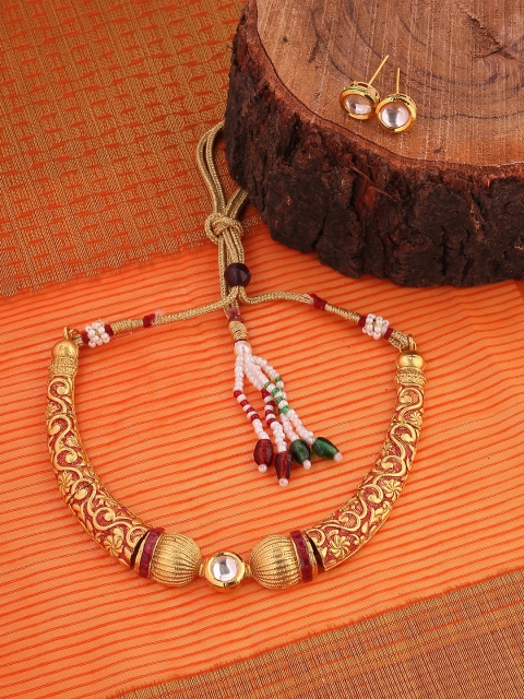 

Shoshaa Women Gold-Toned & Red Handcrafted Kundan Hasli Choker Jewellery Set
