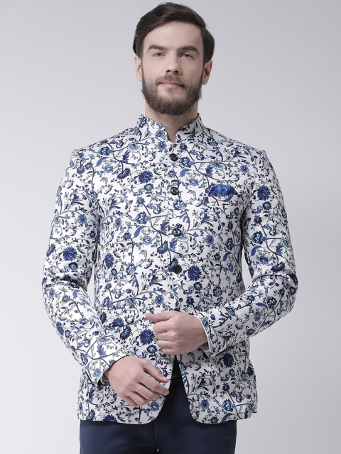

Hangup Men White & Blue Printed Regular Fit Bandhgala Blazer