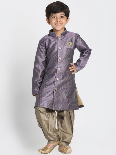 

JBN Creation Boys Purple & Camel Brown Woven Design Silk Sherwani Set
