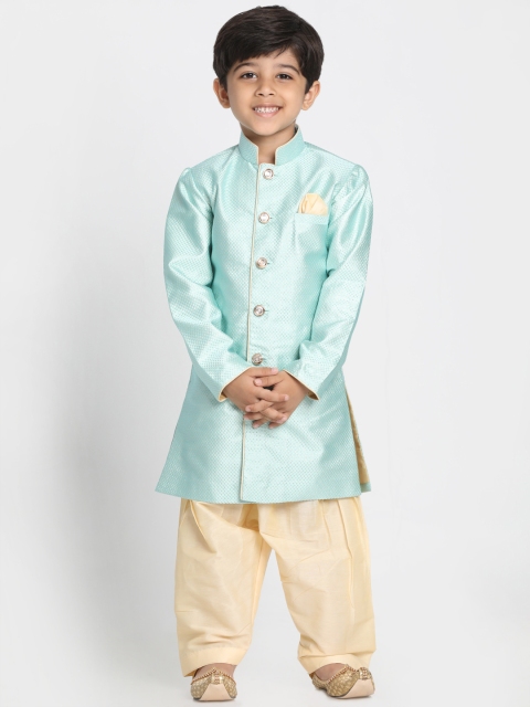 JBN Creation Boys Green & Cream-Coloured Woven Design Silk Sherwani Set