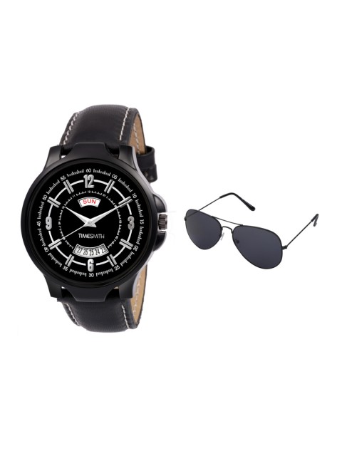

TIMESMITH Men Black Leather Analogue Watch With Free Sunglasses