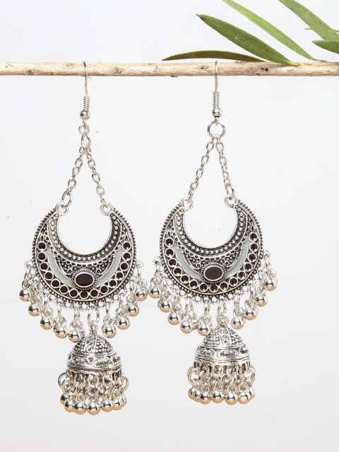 

Shining Diva Fashion Silver-Toned Black Oxidised Crescent Shaped Jhumkas