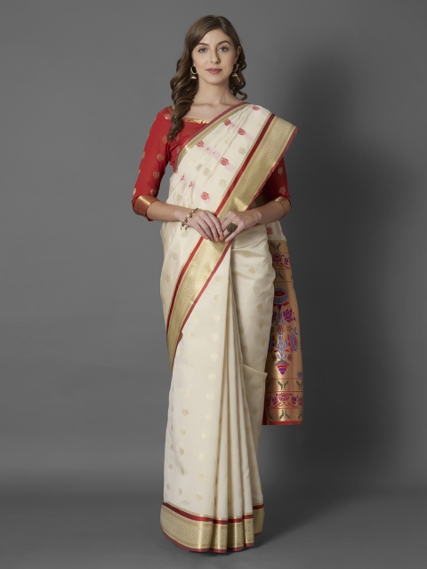 

Mitera Off-White & Gold-Coloured Silk Blend Woven Design Banarasi Saree