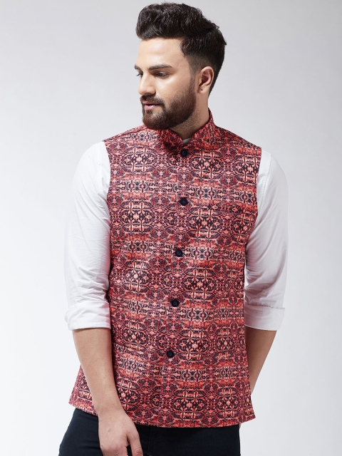 

SOJANYA Men Black & Coral Pink Printed Nehru Jacket