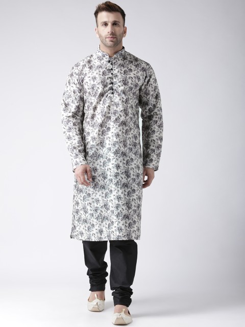 

Hangup Men White & Grey Printed Art Silk Kurta with Pyjamas