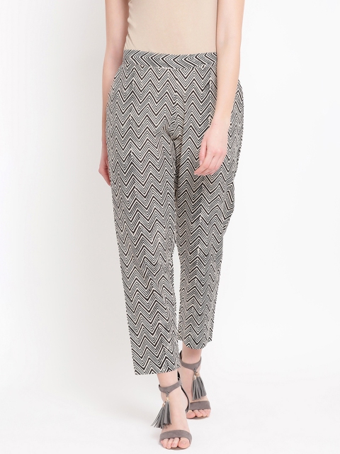 

FABNEST Women Black & Off-White Smart Regular Fit Printed Regular Trousers