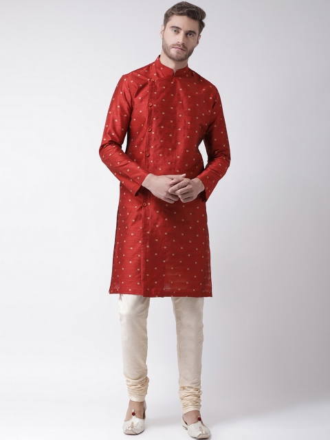 

DEYANN Men Red & Cream-Coloured Self Design Kurta with Churidar
