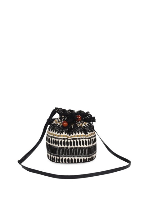 

Anekaant Black & White Textured Tasselled Potli Clutch