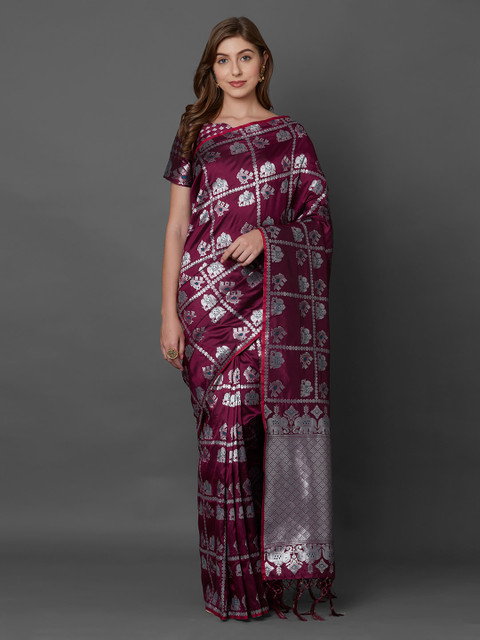 

Mitera Burgundy Silk Blend Woven Design Kanjeevaram Saree