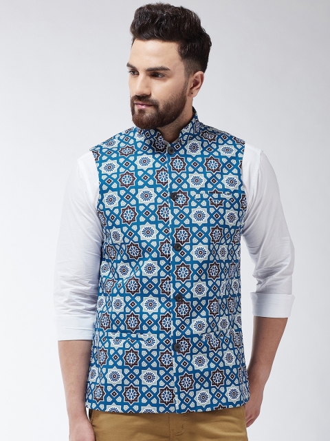 

SOJANYA Men Blue & White Printed Nehru Jacket