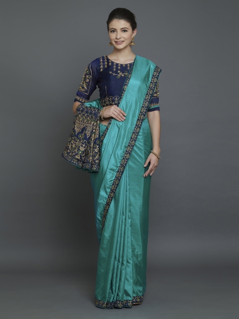 

Mitera Sea Green & Navy Blue Silk Blend Woven Design Banarasi Saree