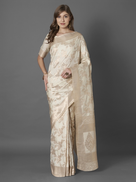 

Mitera Gold-Coloured & Beige Silk Blend Woven Design Banarasi Saree