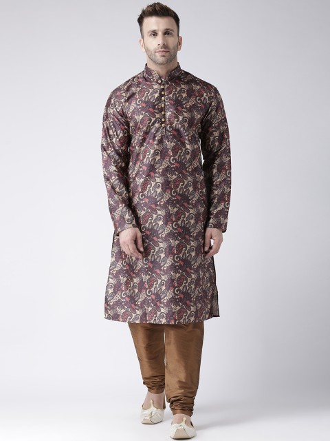 

Hangup Men Brown Printed Art Silk Kurta with Pyjamas