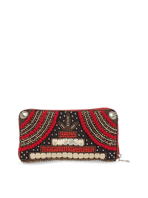 

Anekaant Women Black & Red Embellished Zip Around Wallet