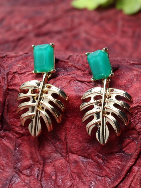 

Shining Diva Gold-Toned & Green Leaf Shaped Drop Earrings