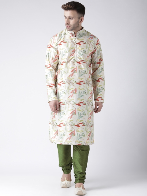 

Hangup Men White & Olive Green Printed Kurta with Pyjamas