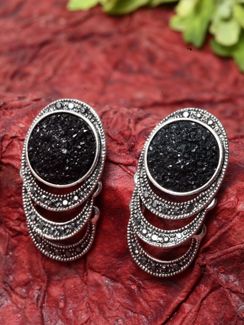 

Shining Diva Silver-Toned & Black Oxidised Circular Drop Earrings