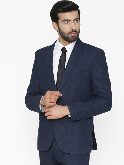 

Wintage Men Blue Checked Tailored Fit Single-Breasted Pure Linen Formal Blazer