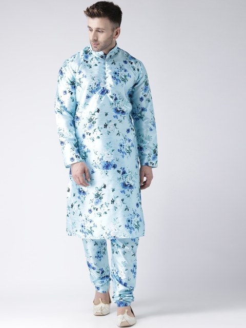 

Hangup Men Blue Printed Art Silk Kurta with Pyjamas