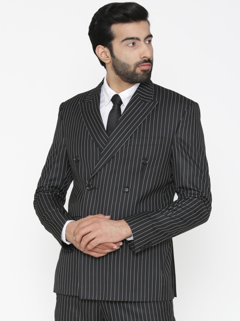 

Wintage Men Black Striped Tailored Fit Double-Breasted Formal Blazer