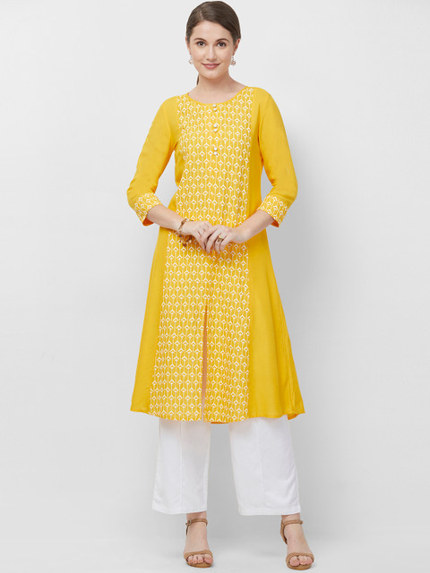 

Naari Women Yellow & White Embroidered A-Line Kurta