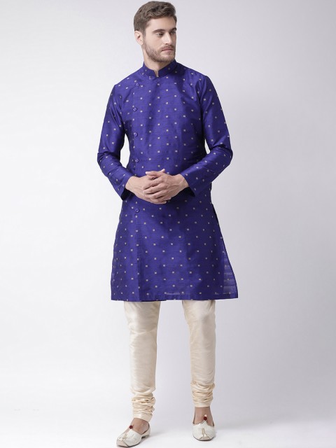 

DEYANN Men Blue & Cream-Coloured Self Design Kurta with Churidar