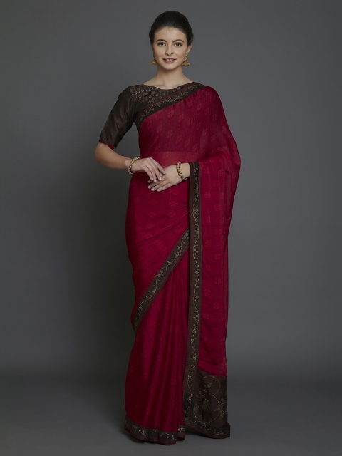 

Mitera Maroon Silk Blend Printed Banarasi Saree