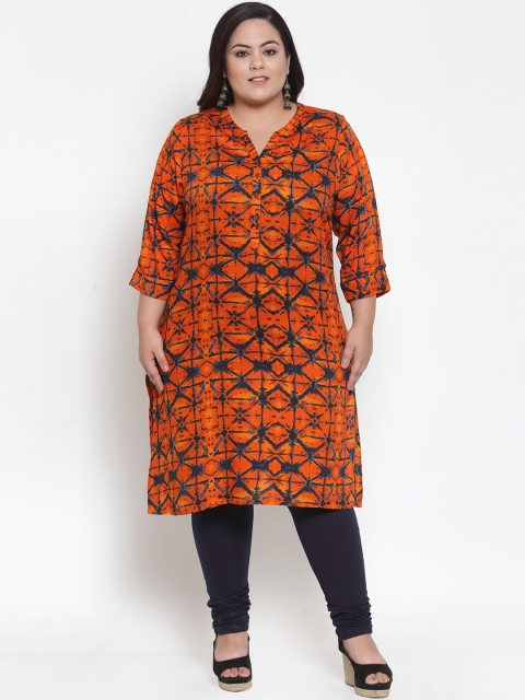 

plusS Women Orange Printed Straight Kurta