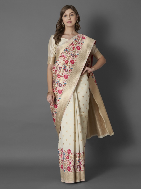 

Mitera Beige & Red Silk Blend Woven Design Banarasi Saree