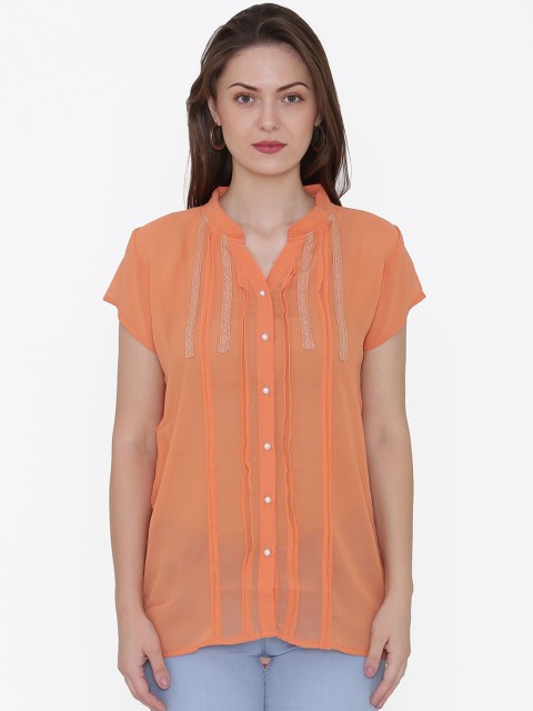

Private Lives Women Orange Self Design Sheer Shirt Style Top