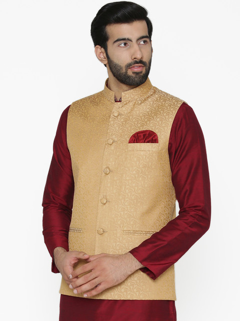 

Wintage Men Beige & Gold-Coloured Woven Design Nehru Jacket