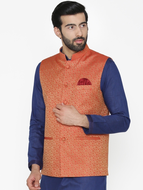 

Wintage Men Orange & Gold-Coloured Woven Design Nehru Jacket