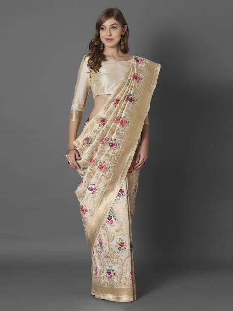 

Mitera Beige & Gold-Coloured Silk Blend Woven Design Banarasi Saree