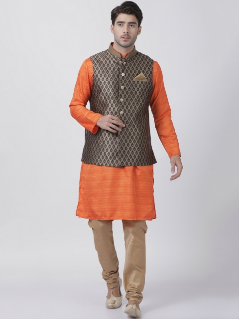 

VASTRAMAY Men Orange & Beige Self Design Kurta with Churidar