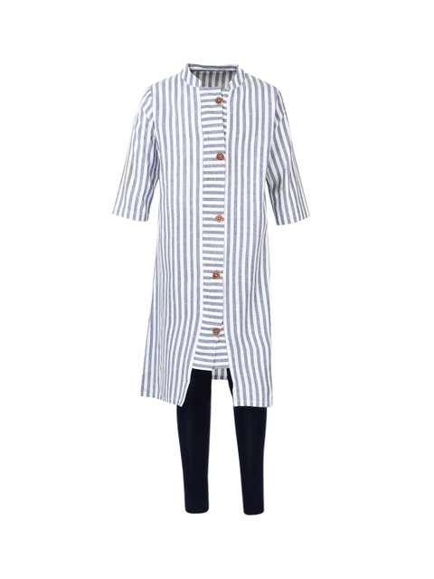 

Aarika Girls White & Navy Blue Striped Kurta with Churidar