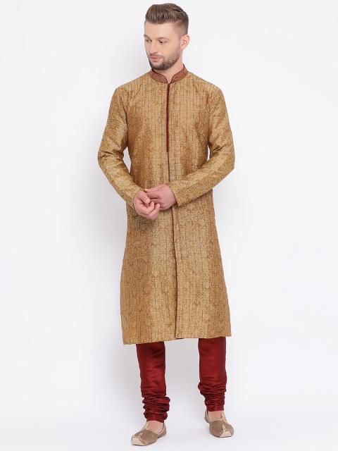 

Sanwara Men Brown & Maroon Self Design Handloom Kurta with Churidar