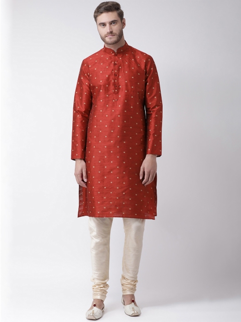 

DEYANN Men Red & Cream-Coloured Self Design Kurta with Churidar