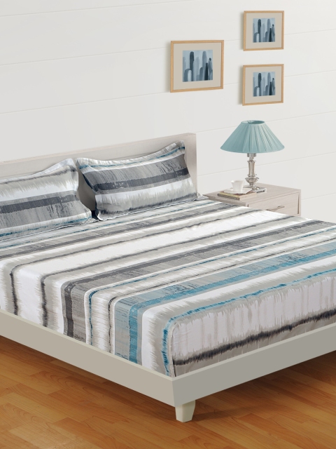 

SWAYAM Grey & Blue Striped 160 TC Cotton 1 King Bedsheet with 2 Pillow Covers